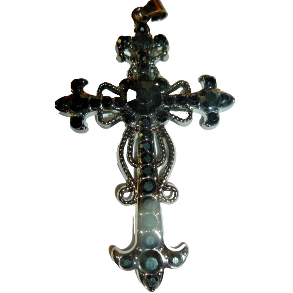 Vintage Gunmetal Black Rhinestone Filigree Cross Pendant Crusifix‎